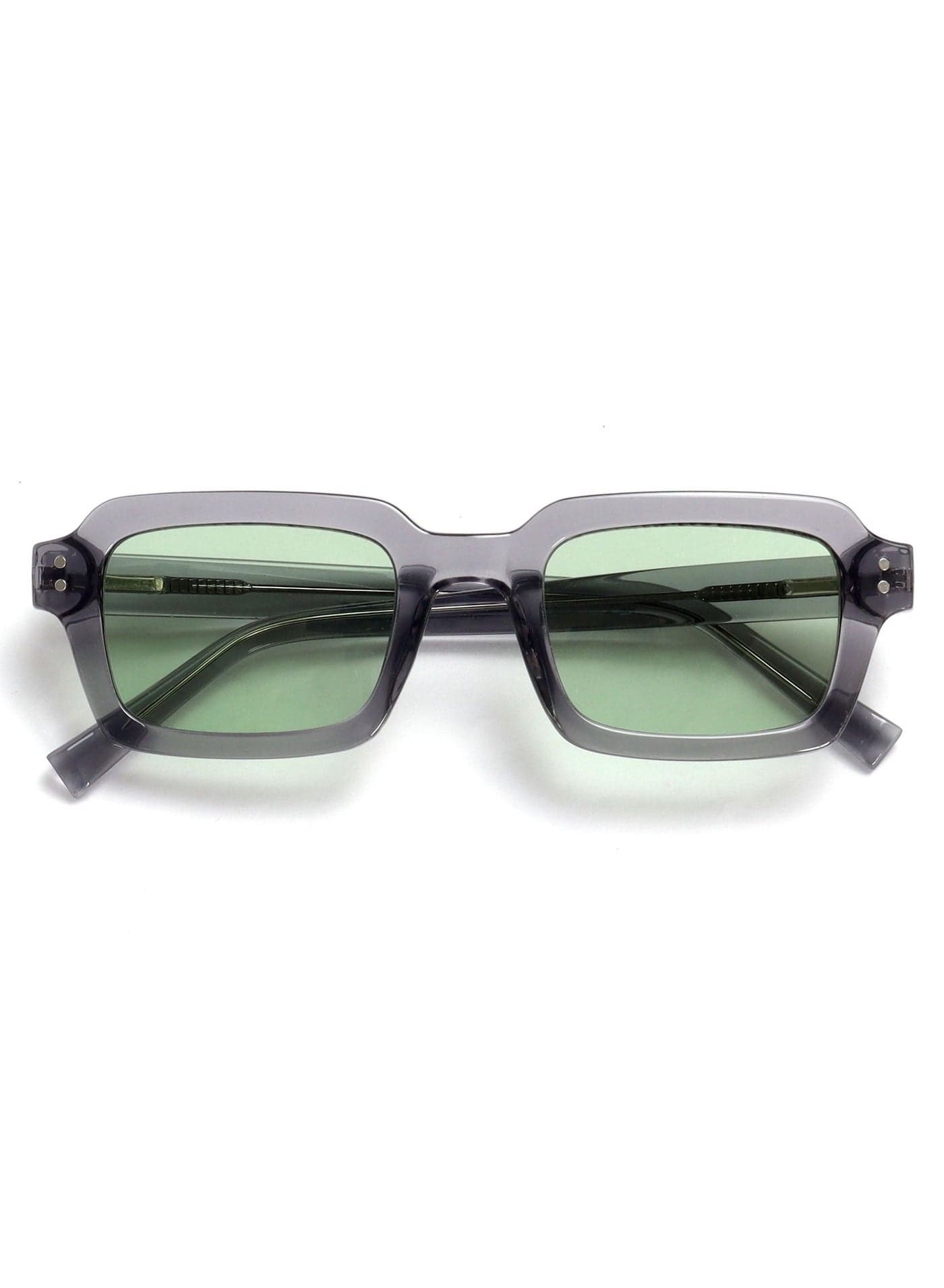 EDG Sunglasses for Men & Women - Vintage Rectangular Transparent Frame with Spring Hinges - Trendy Retro Sunglasses with UV400 Protection Lenses - Transparent Grey with Light Green Lenses
