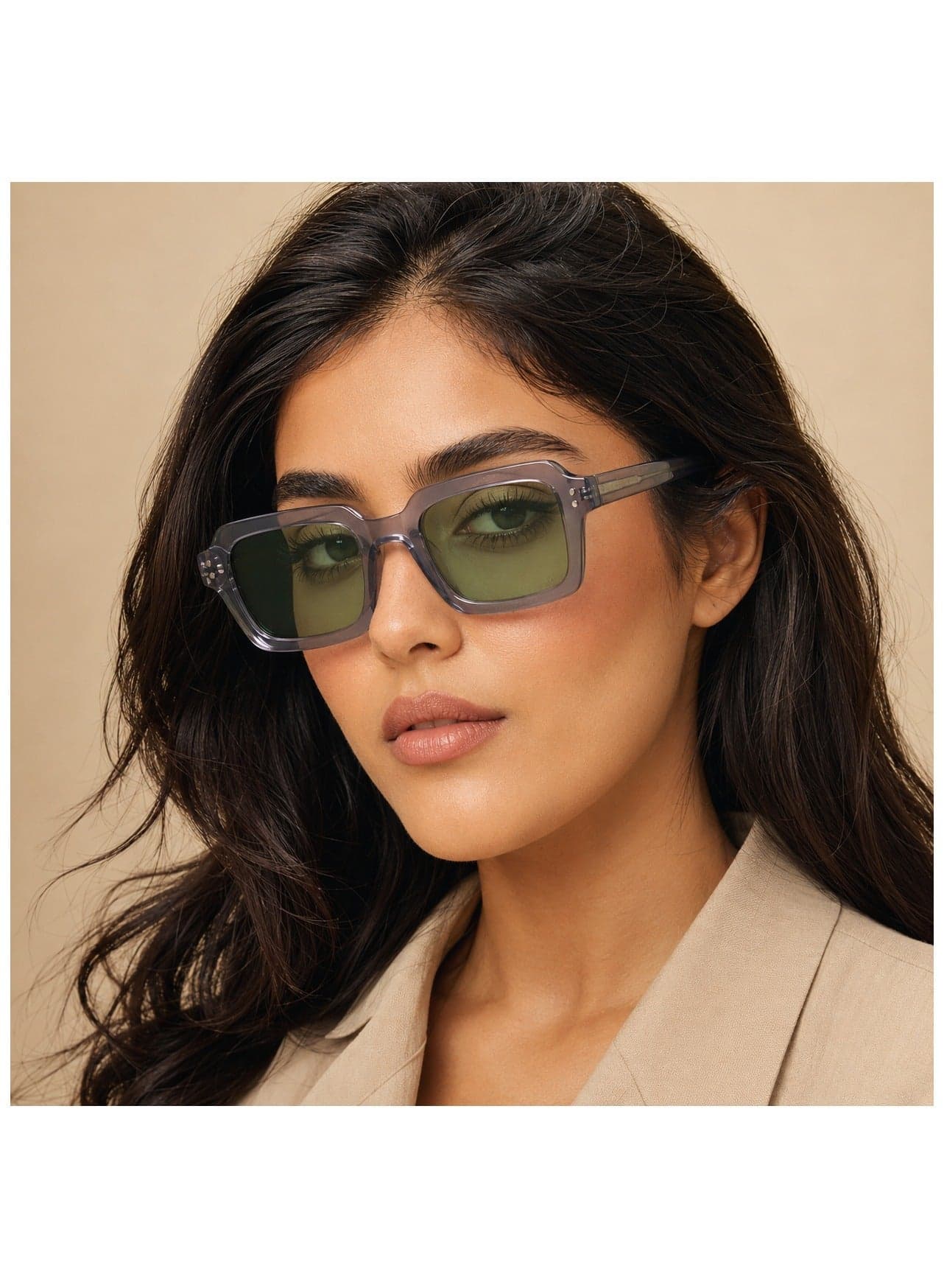 EDG Sunglasses for Men & Women - Vintage Rectangular Transparent Frame with Spring Hinges - Trendy Retro Sunglasses with UV400 Protection Lenses - Transparent Grey with Light Green Lenses