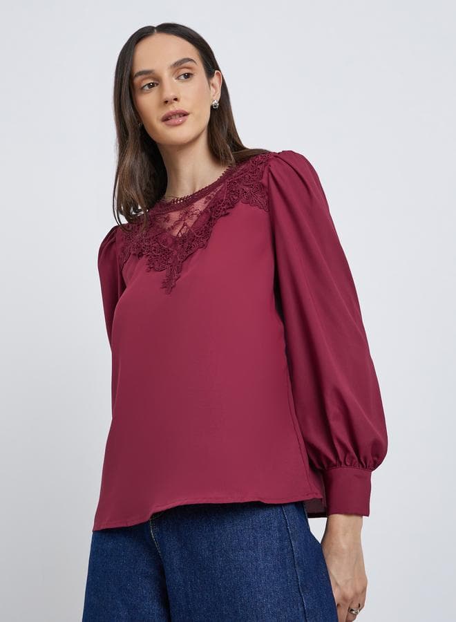 Lace Insert Balloon Sleeve Blouse