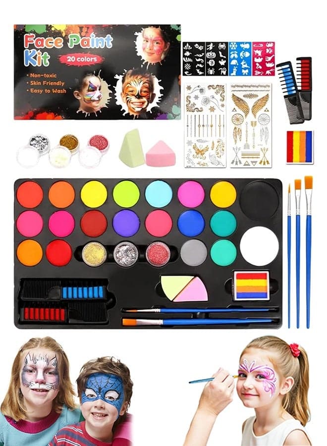 Face Paint Kit, 20 Non-Toxic Colors Professional Body Paint Set with Stencils, Safe Water Based Face Painting Supplies with Brushes