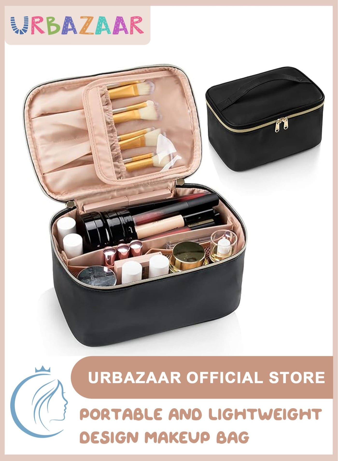 Makeup Bag, Portable Cosmetic Bag, Large Capacity Travel Makeup Case Organizer, Black Makeup Bags For Women Toiletry Bag for Girls Traveling With Handle and Divider