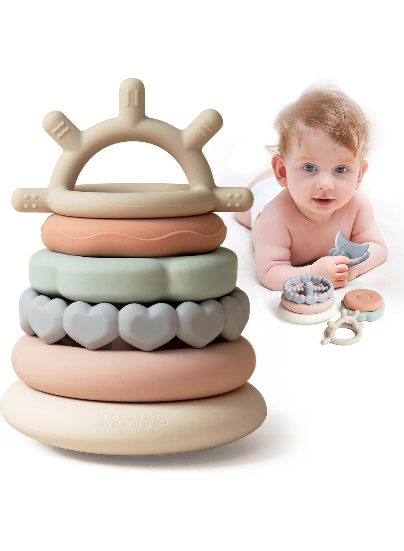Moonkie Stacks of Circles Soft Teething Toy | Educational Learning Baby Toy | Stacking Ring Toys for Babies Boy and Girl | 7 Piece Teethers Set