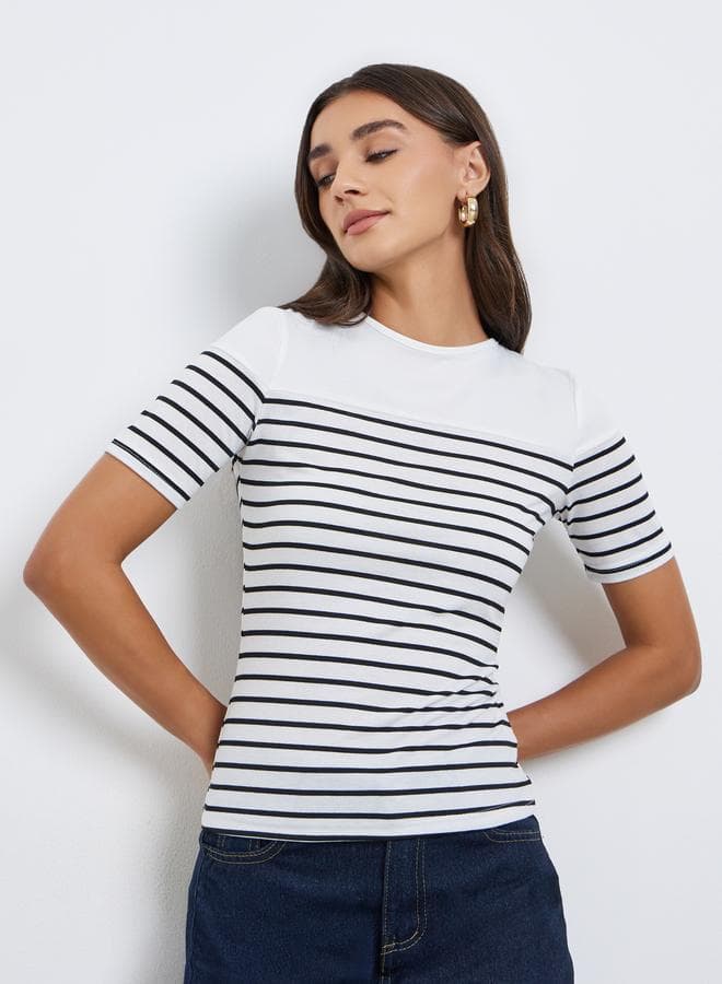 Back Knot Detail Striped Crew Neck Top
