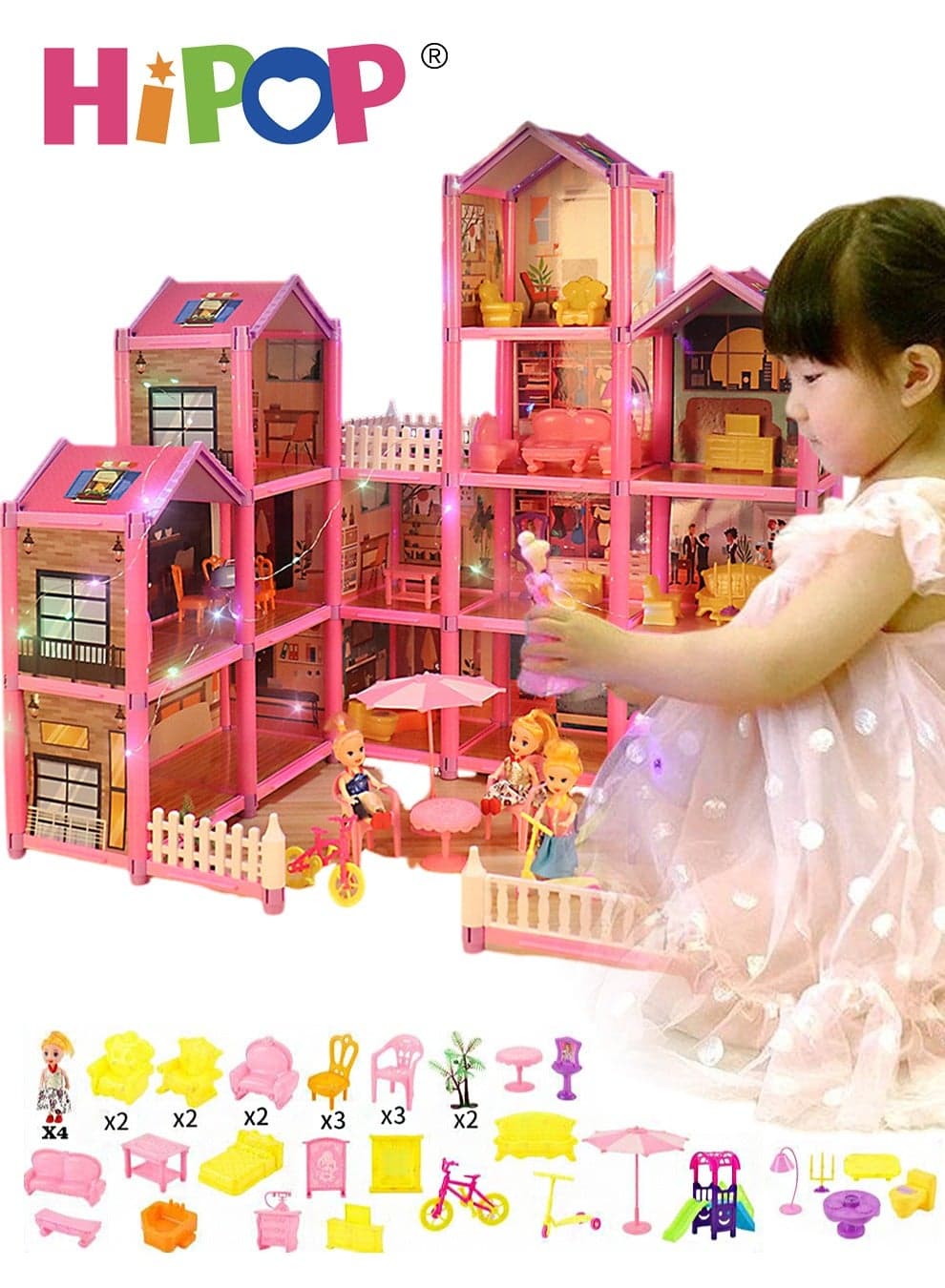 DIY Doll House,Big Size 4 Floors 14 Rooms Castle House With Decorating Dollhouse Accessories And Furniture,DIY Building Toys