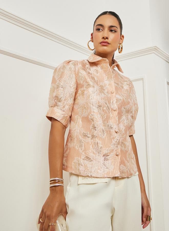 Pink Floral Jacquard Puff Sleeves Blouse