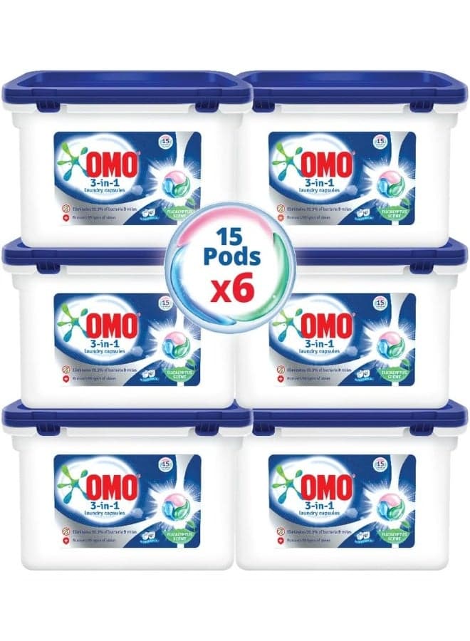 OMO 3-in-1 Laundry Capsules, Eucalyptus, 15 pcs, Pack of 6
