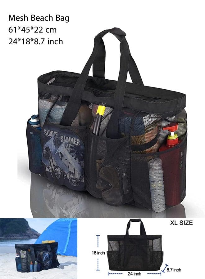 Mesh Beach Bag(Black)- Large Tote Bag for Family, Vacation Essentials, lightweight & Foldable Beach Tote Bag with Zipper and Pockets Ideal for Your Family Beach Trip for Women,(24*18*8.7 inch),(61*45*22 cm)