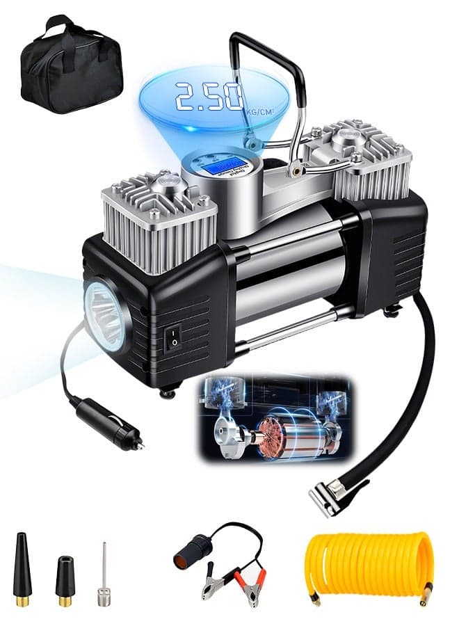 Heavy Duty Double 30mm Cylinder Tyre Inflator , Portable Air Compressor for Car, 150 PSI Tyre Air Pump with LED Light, Digital Pressure Gauge Tire Inflator - Professional for SUV, Off-Road, Trucks
