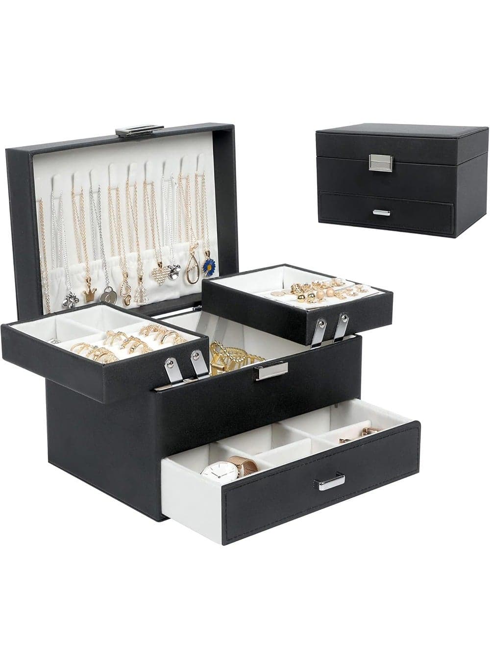 Jewelry Boxes for Women Girls, Jewelry Organizer Box, 3 Layers Jewelry Storage Organizer for Earring, Ring, Necklace, Bracelets
