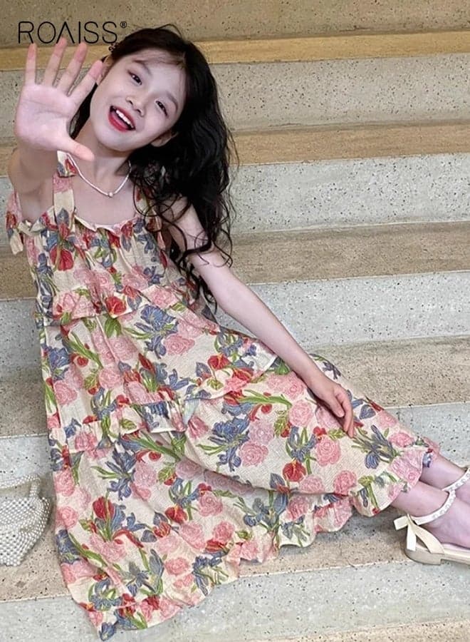 Girls Stylish Spaghetti Strap Dress, Sleeveless Floral Dress, Casual Sundress for Little Girls, Suit for Daily Wear or Any Occasion
