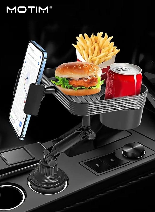 Car Cup Holder Tray & Phone Mount, 3-in-1 Adjustable Car Table with Cup Holder & Food Tray, Stay Organized, Rotatable Phone Holder for Road Trip & Car Travel Essentials – Secure Fit for Most Vehicles & Phones