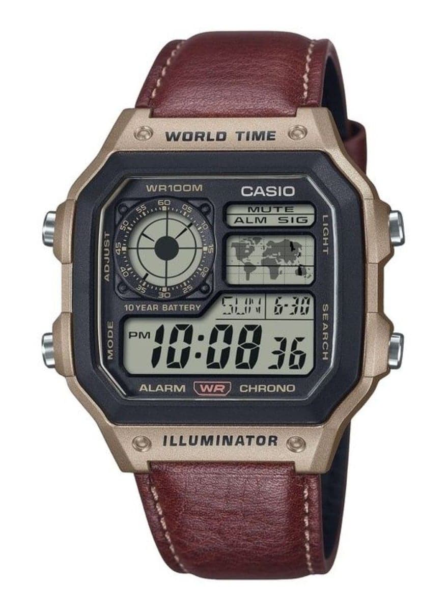 Standard Digital World Time Brown Leather Strap Quartz AE-1200WHL-5AV Men’s Watch