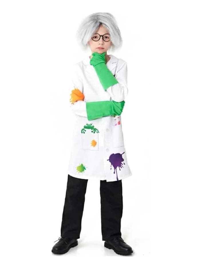 UKR Kids Scientist Costume – Lab Coat Dress-Up Set with Wig, Gloves, Bowtie & Glasses for Ages 9-11 (135-150 cm) – Fun Role Play Outfit for Parties & Performances (Large)