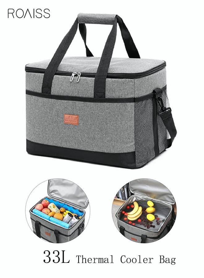 Outdoor 33L Large Thermal Cooler Bag, Insulated Handbag Reusable Waterproof Oxford Ice Refrigerated, Lightweight Fresh-Keeping for Men Women, Picnic/BBQ/Beach/Lunch, Grey