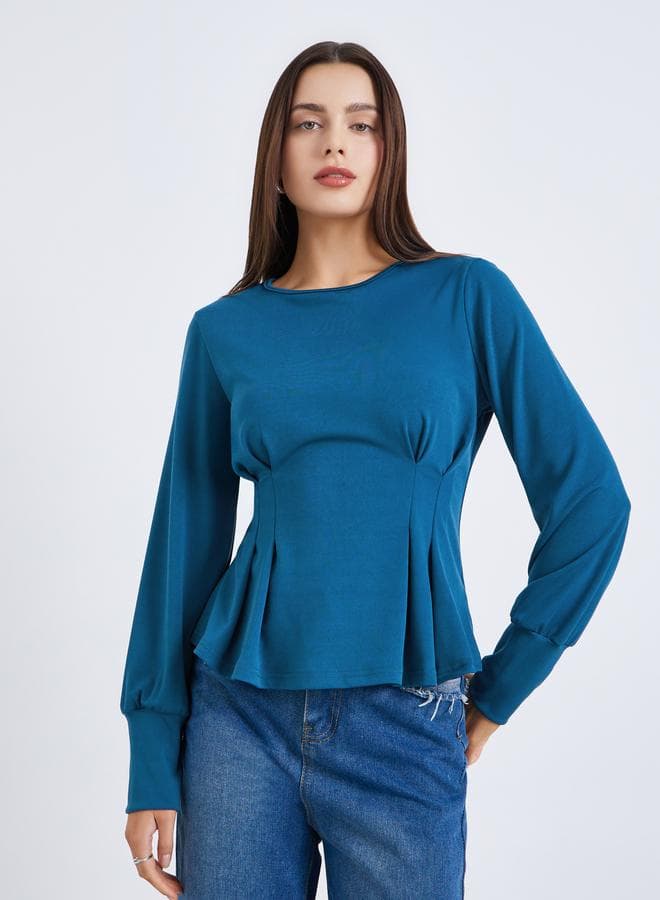 Women Blue Long Sleeve Peplum Top