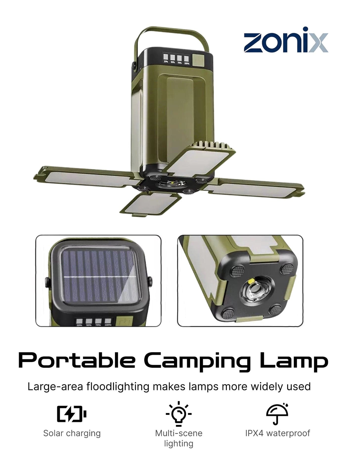 Portable Camping Lamp - Solar Charging, USB Power Bank, SOS Emergency Light, 6 Modes, IPX4 Waterproof, 266g Ultra-Light with Hook for Emergency, Camping, Hiking