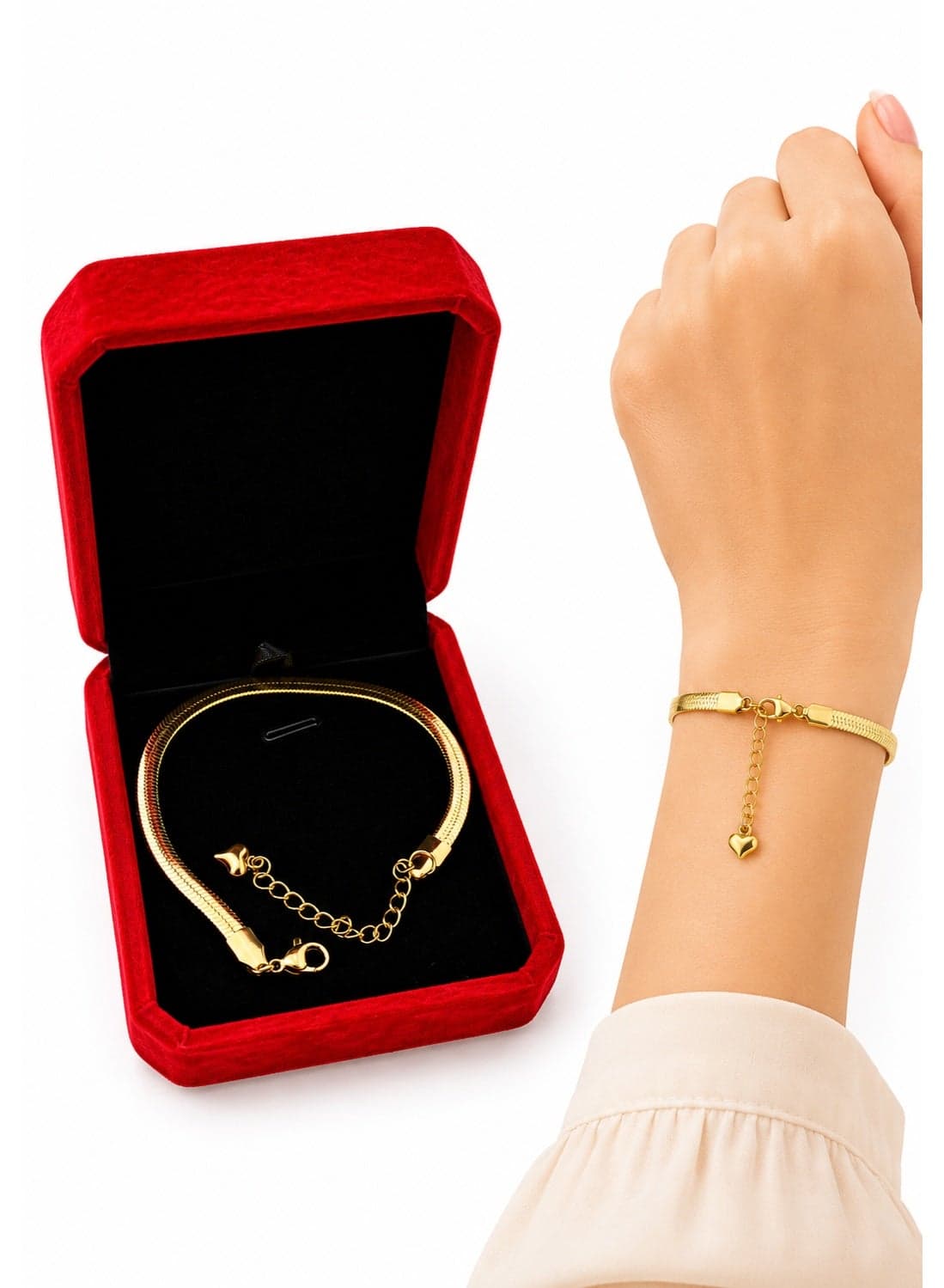 18K Gold Plated Bracelet for Women, Adjustable Cuban Link Chain with Heart Charm, Stainless Steel Jewellery Gift with Box, Gold