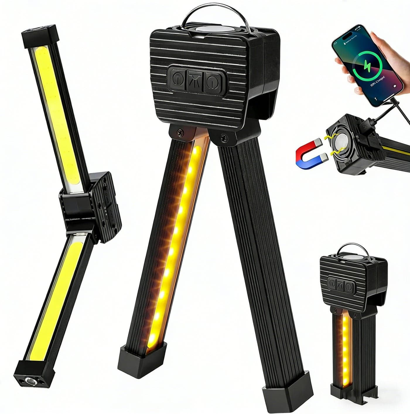 LED Magnetic Gym Lamp for Posing Portable Work Flashlight Multi-Mode Work Light 5 Modes LED Work Light Versatile USB Rechargeable LED Light 180 Degree Foldable LED Light with Hanging Hook for Gym Camping Car Repair Garage Workshop Emergency