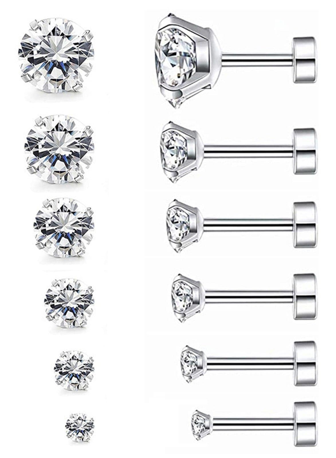 NOVOLAN Stud Earrings 6 Pairs Hoop Earrings Set Women Girls, Stainless Steel Piercing Jewelry 6 Size AAA Zircon With Round Cake Ear Stud Earrings 4-Claw Grab Zircon Ear Bone Stud (White Gold)