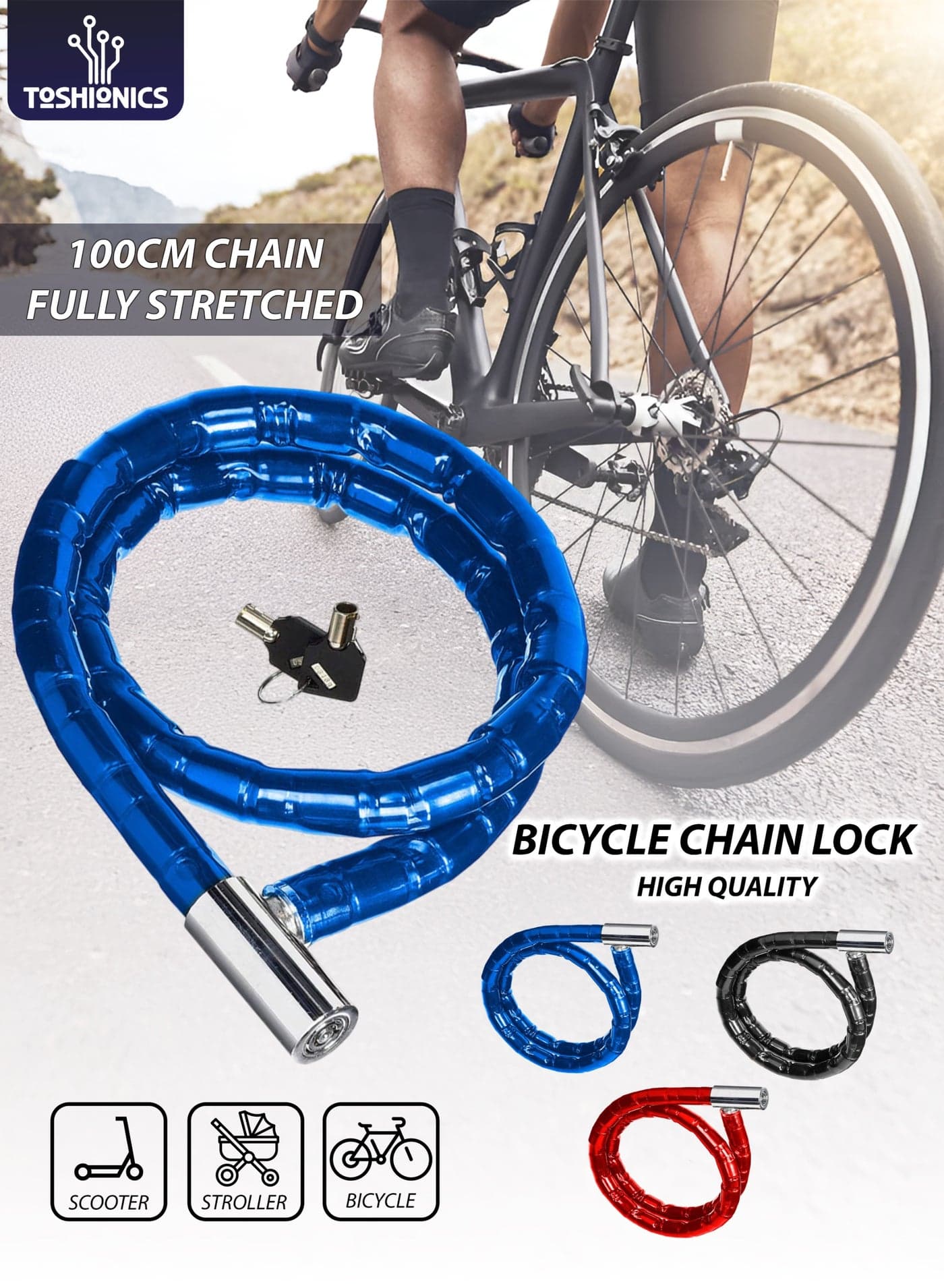 Heavy-Duty 22mm Armoured Bike Chain Lock 1000mm T113259 | High-Security Tubular Cam Lock with 2 Keys | Steel Cable Anti-Theft Chain with PVC Smoke Cover | Bicycle, Motorbike, E-Bike, Scooter & Gate Lock