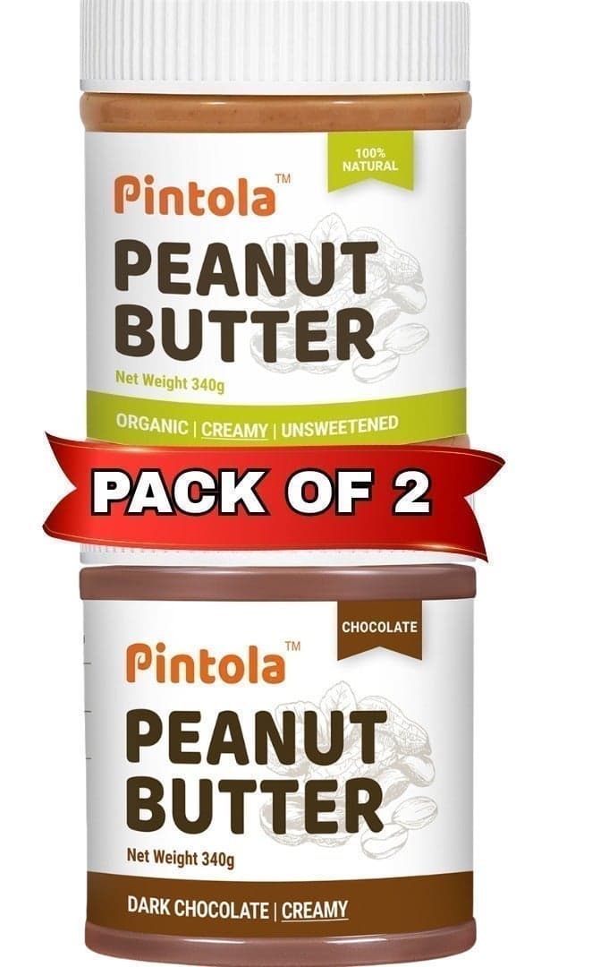 Organic Unsweetened Creamy 340g + Dark Chocolate Creamy 340g Peanut Butter, High in Protein, Gluten Free, Vegan, Cholesterol Free, natural oil on top, mix well, achieve the creaminess.