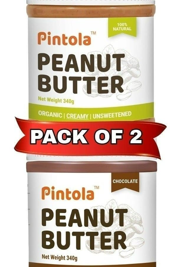 Organic Unsweetened Creamy 340g + Dark Chocolate Creamy 340g Peanut Butter, High in Protein, Gluten Free, Vegan, Cholesterol Free, natural oil on top, mix well, achieve the creaminess.
