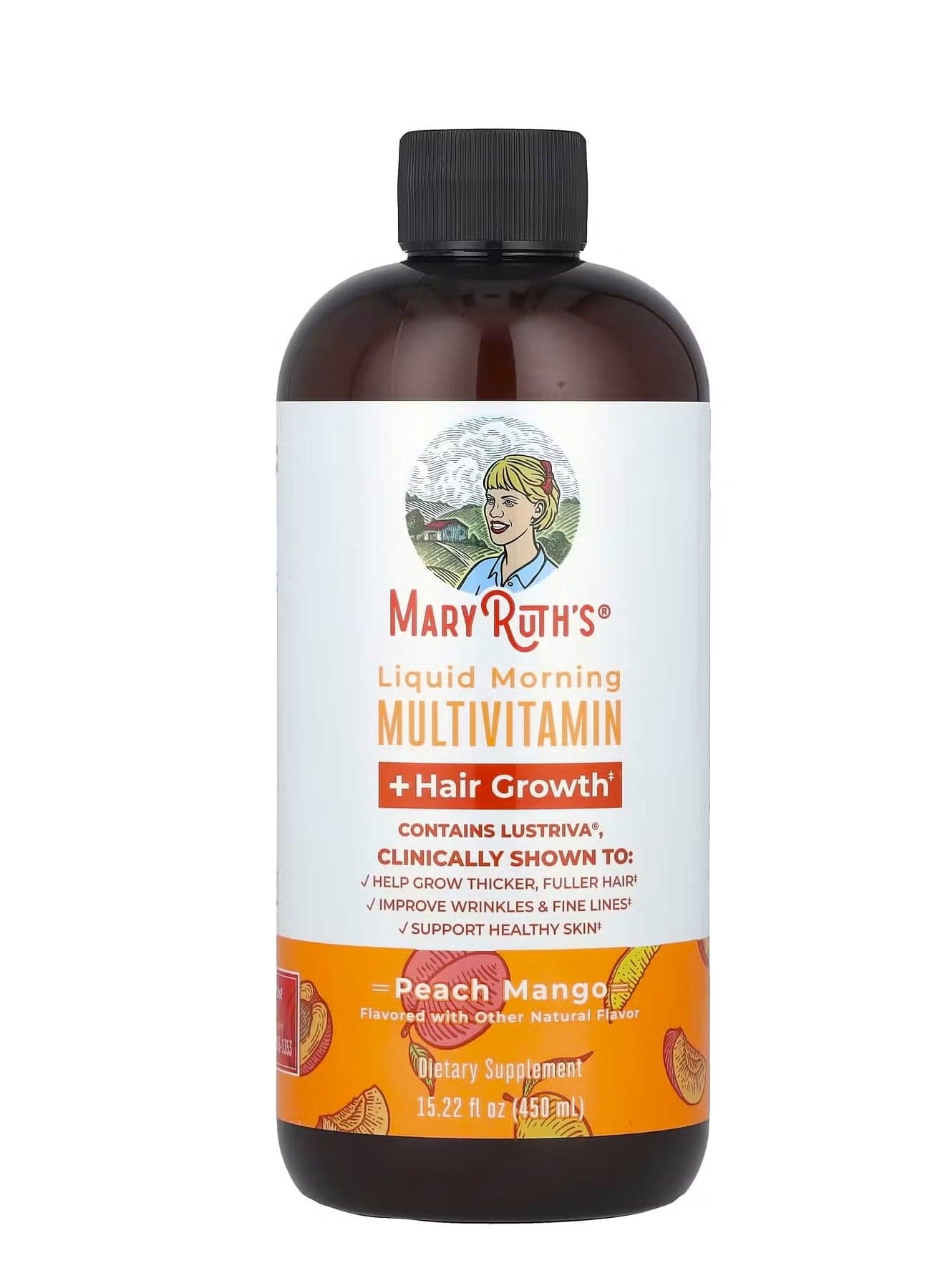 MaryRuth Organics Liquid Morning Multivitamin + Hair Growth, Peach Mango, 15.22 fl oz
