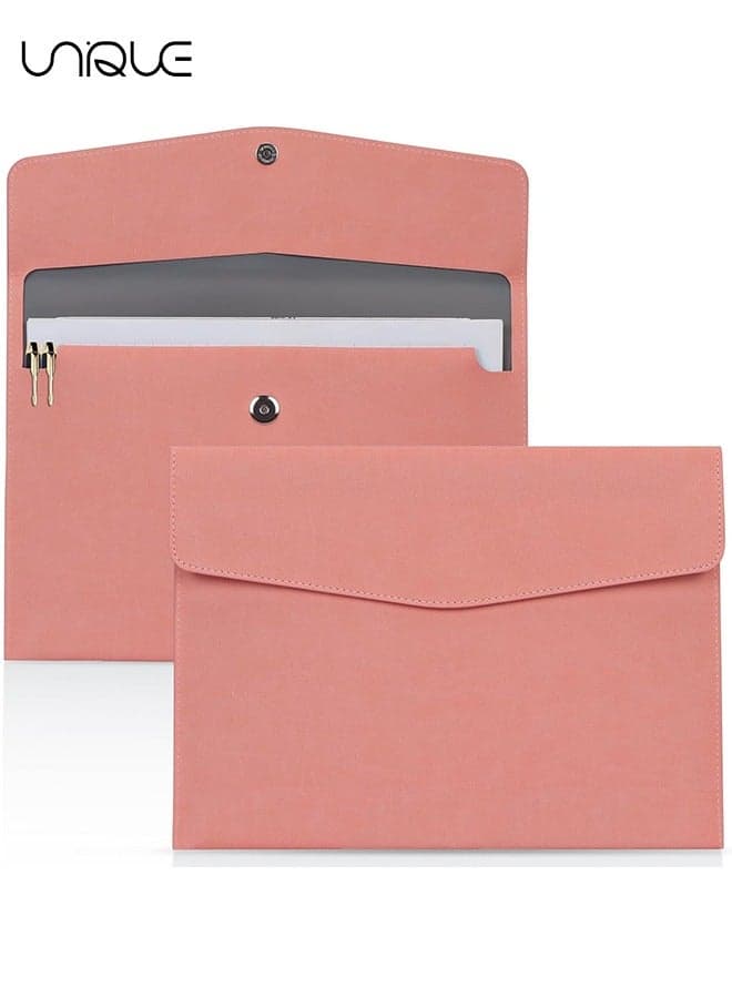 File Folder, PU Leather A4 Document Holder Organizer Filing Envelope Portfolio Case Tablet Sleeve with Magnetic Snap Closure for Home School Office Stationery (Pink)
