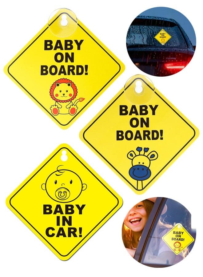 3 PCS Baby On Board Car Warning, Baby On Board Sticker Sign For Car Warning With Suction Cups, Bright Yellow To See, Stick Firmly, Leaves No Residue