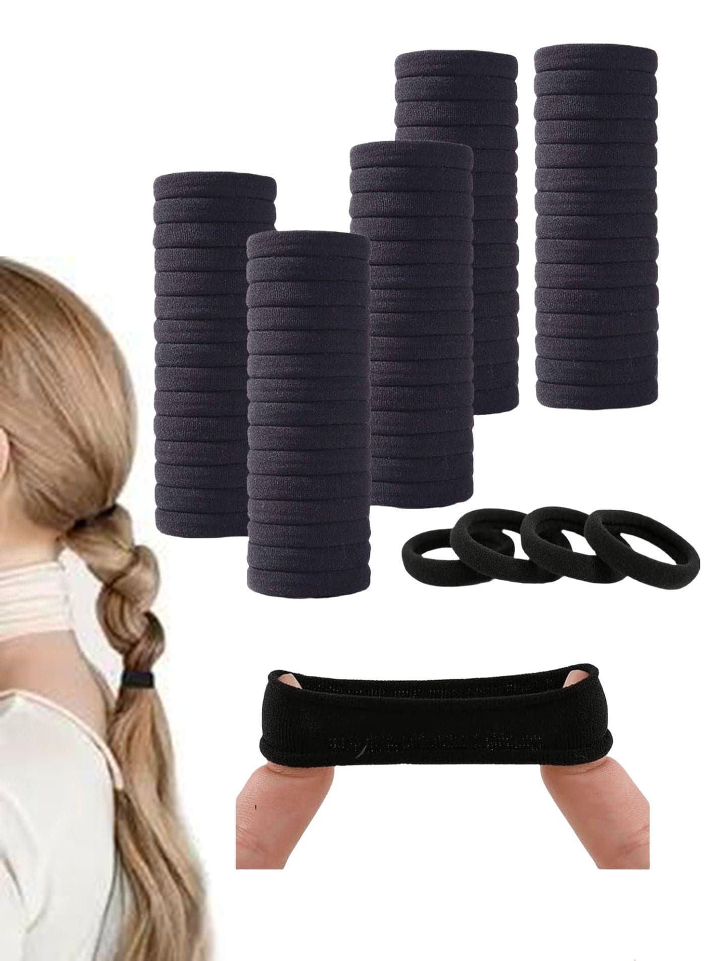 100 Pcs Black Hair Ties, No Crease Elastic Seamless Hair Bands, Not Damage for Thick Hair, Ponytail Holders for Women Girls Kids Men, Headbands, Scrunchies, Hair Elastics