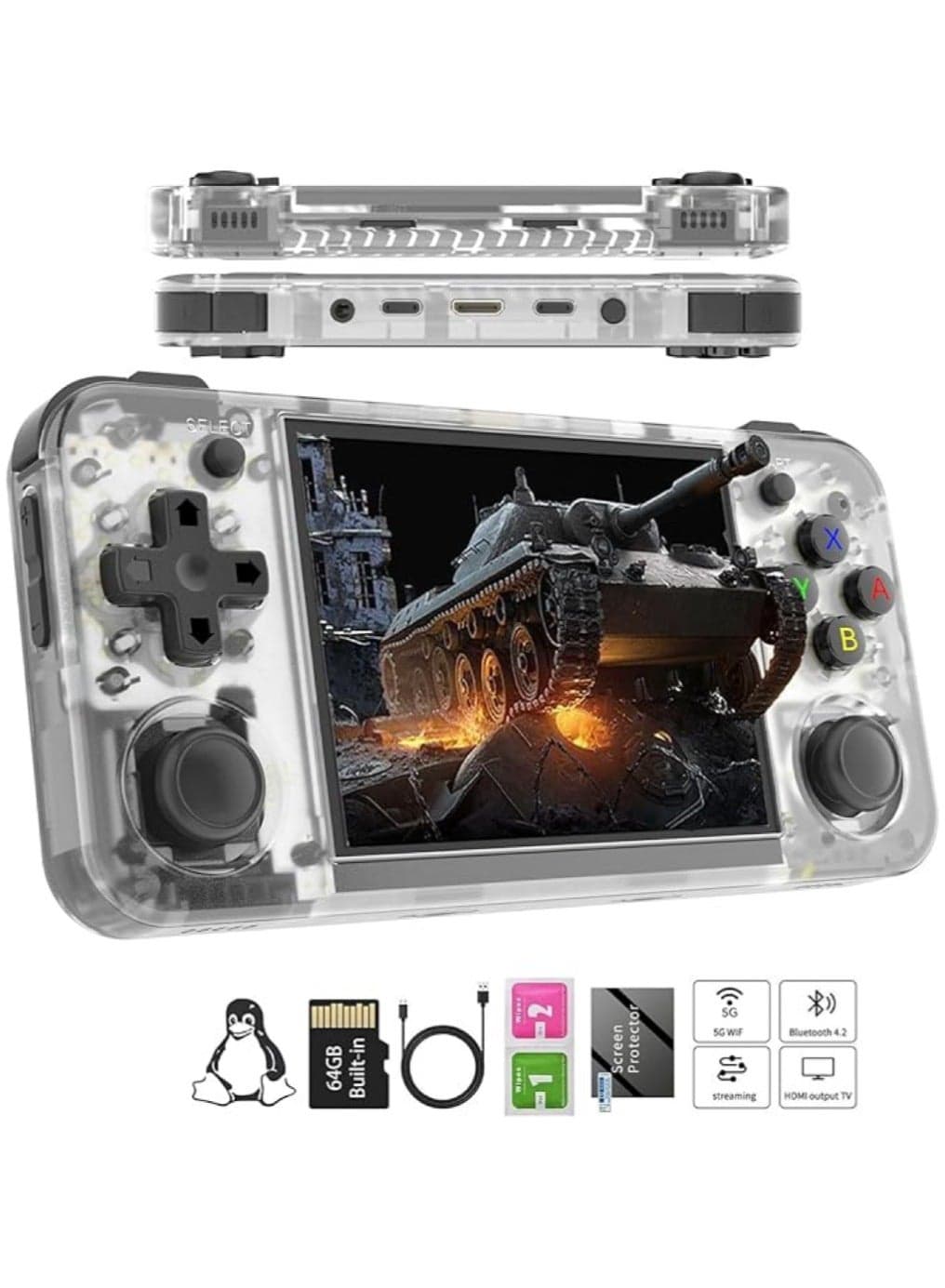 RG35XX H Retro Portable Game Console, Support 5G HDMI TV Output, WiFi, Bluetooth 4.2, 3.5" IPS Screen, Built-in Linux System with 64G TF Card 5515 Games White