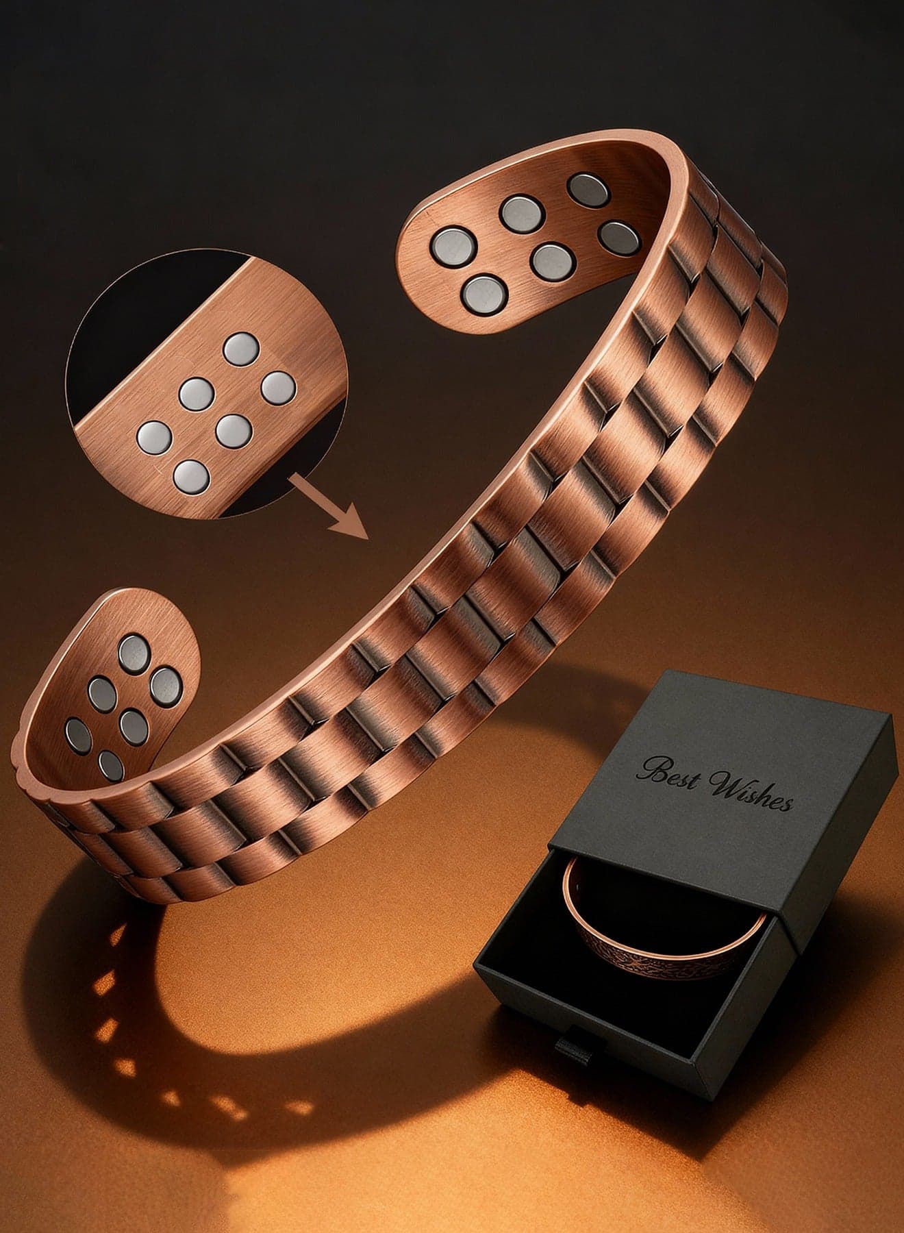 Pure Copper Magnetic Cuff Bracelet for Men – 18 Built-in Magnets – 99.99% Copper – Adjustable 17.5 cm × 1.5 cm – Functional Magnetic Balance Support