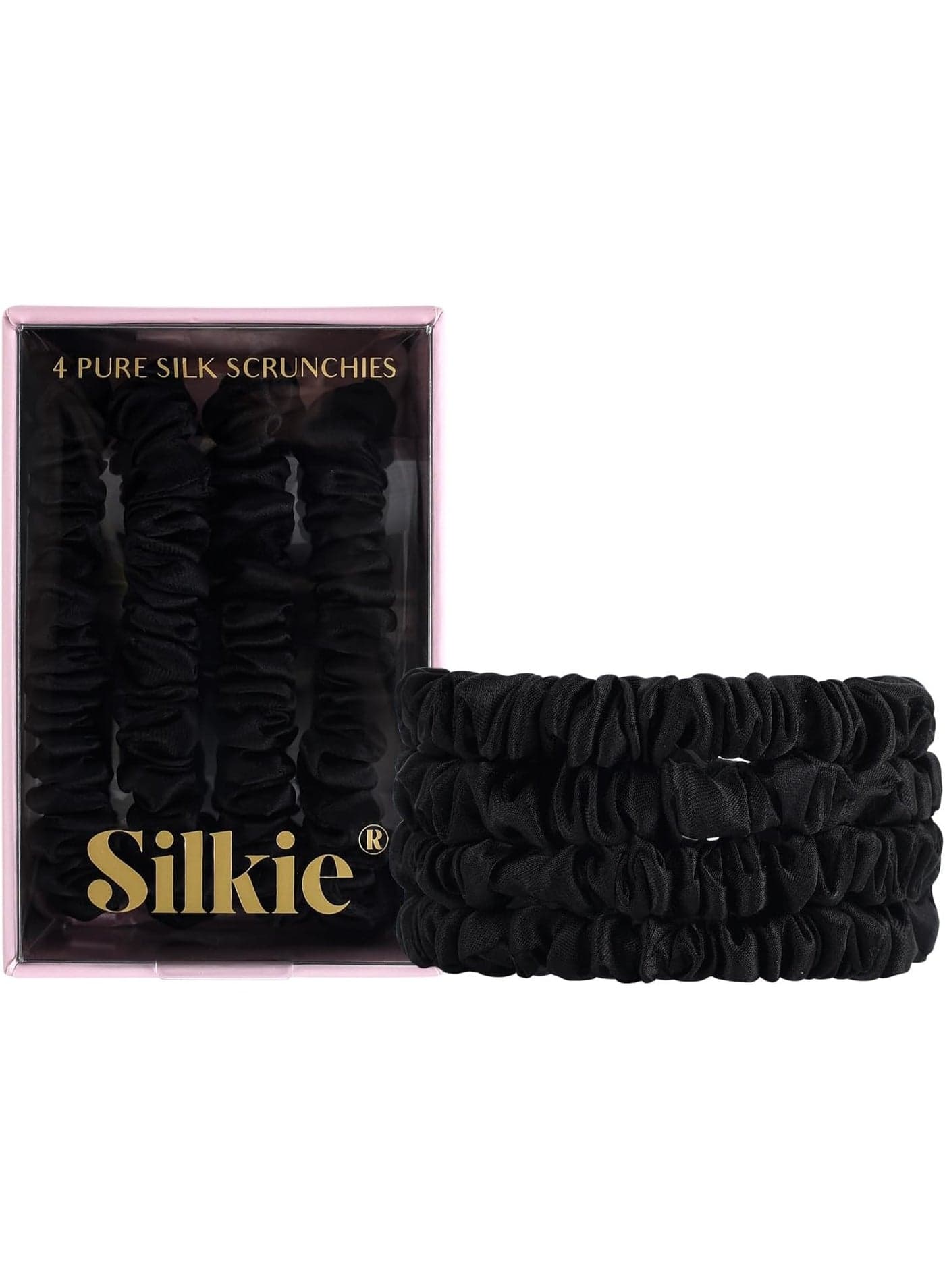 Silkie x4 Skinny Mulberry Silk Scrunchies – Soft No-Crease Hair Ties for Everyday Wear (Noir)