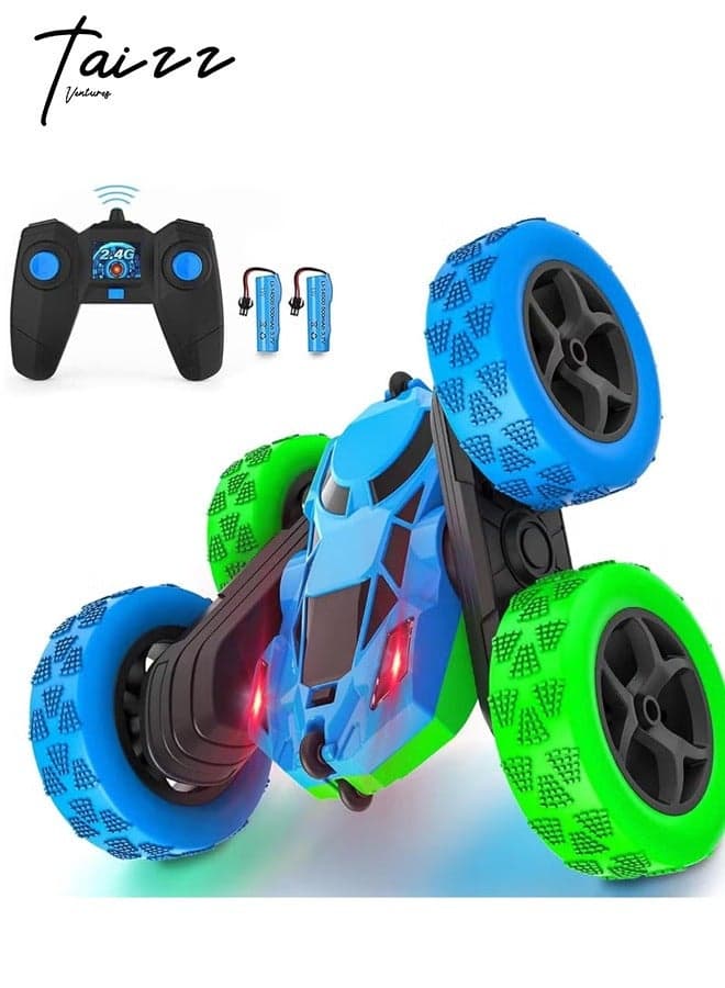 RC Stunt Car for Kids Ages 3-12, 360° Rotating Double Sided 4WD RC Car with Headlights, Rechargeable Electric Racing Toy with 2 Batteries, Outdoor Off-Road Toy for Boys and Girls - Blue/Green