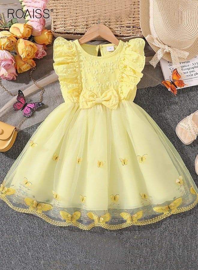 Girls Summer Tulle Dresses, Stylish Sleeveless A-line Dress with Bowknot and Butterfly Patterns, Elegant Princess Dress for Little Girls, Suitable for Daily Wear and Outdoor Activities