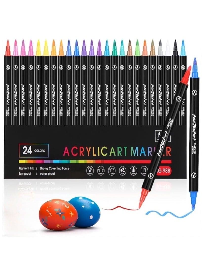 24-Piece Dual Tip Acrylic Paint Markers Set, Multicolor Pen, Premium Non-toxic Acrylic Paint Pens for Wood, Canvas, Stone, Rock Painting,DIY Crafts Making Art Supplies, Perfect Gift for Children