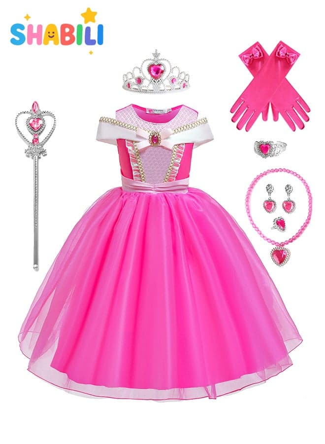 Princess Costume Dress for Kids Girls – 8-Piece Pink Outfit Set with Crown Wand Jewelry – Sizes 110/120/130cm – Ideal Gift for Birthday & Role Play