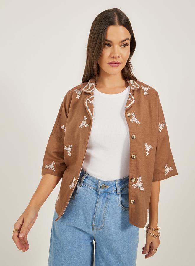 Embroidered Notch Label Neck Regular Fit Top