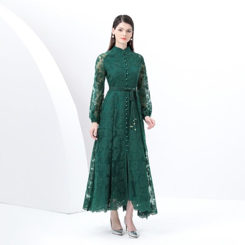 Early Spring 2025 - Palace Style Lantern Sleeve Stand Collar Embroidered Wide Hem Long Dress Dark green