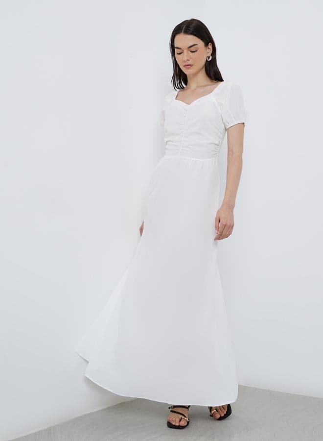 Take Two Solid Puff Sleeve Sweetheart Neck Midi Dress