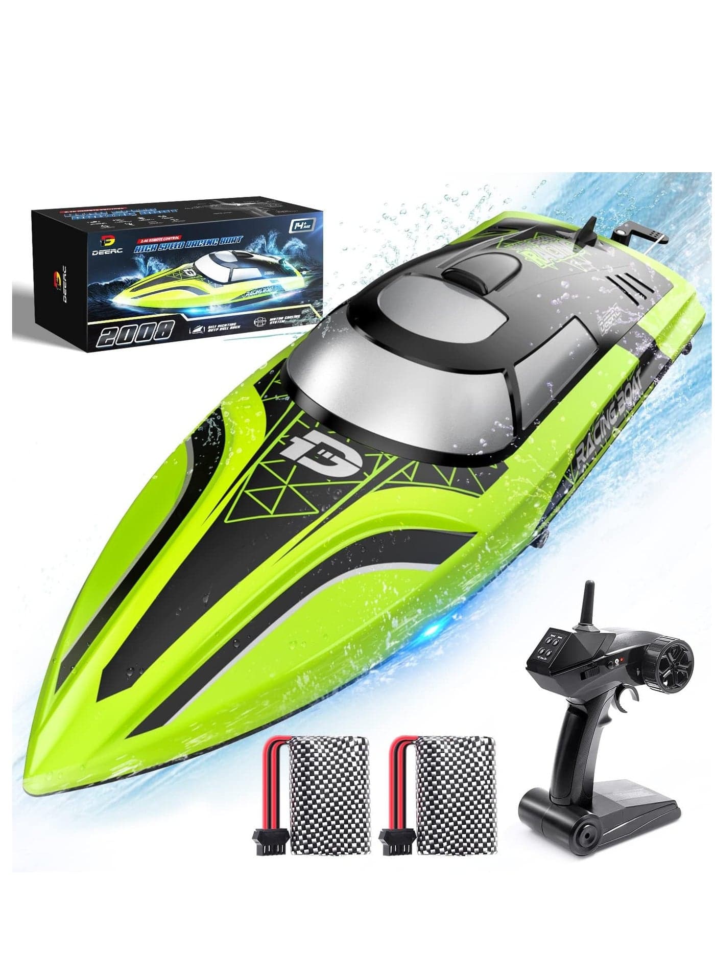DEERC RC Boat with LED Light, 30+ Mins, Self Righting Remote Control Boat for Pools & Lakes, 20+ MPH, 2.4GHz Racing Boats, 2 Battery, Pool Toys for Kids, Radio Controlled Watercraft