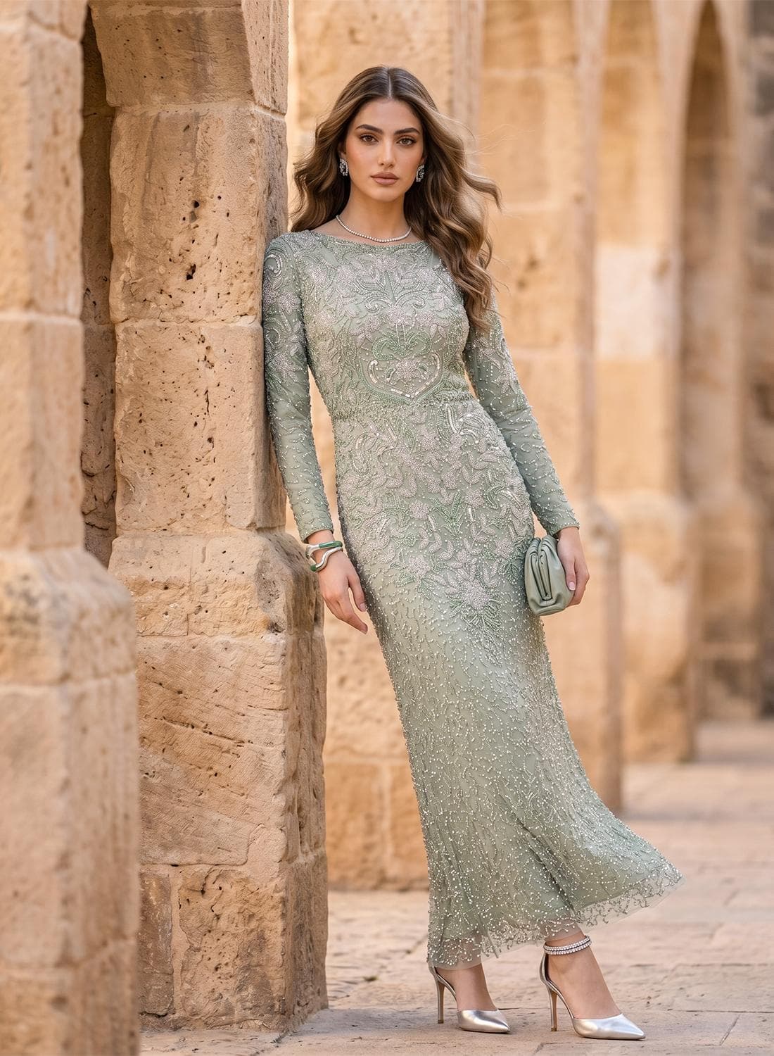 Boat Neck Embellished Maxi Dress