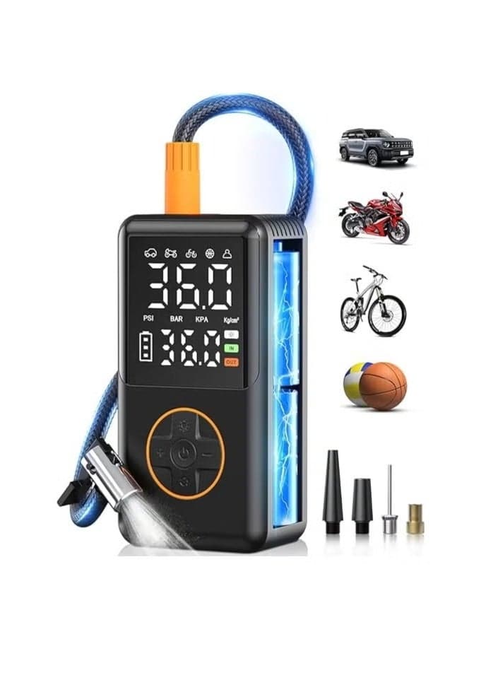 Tire Inflator Portable Air Compressor, 150 PSI Cordless Bike Pump, Air Pump for Auto, Motorcycle, Bicycle, Balls with Pressure Gauge, LED Light & Car Accessories