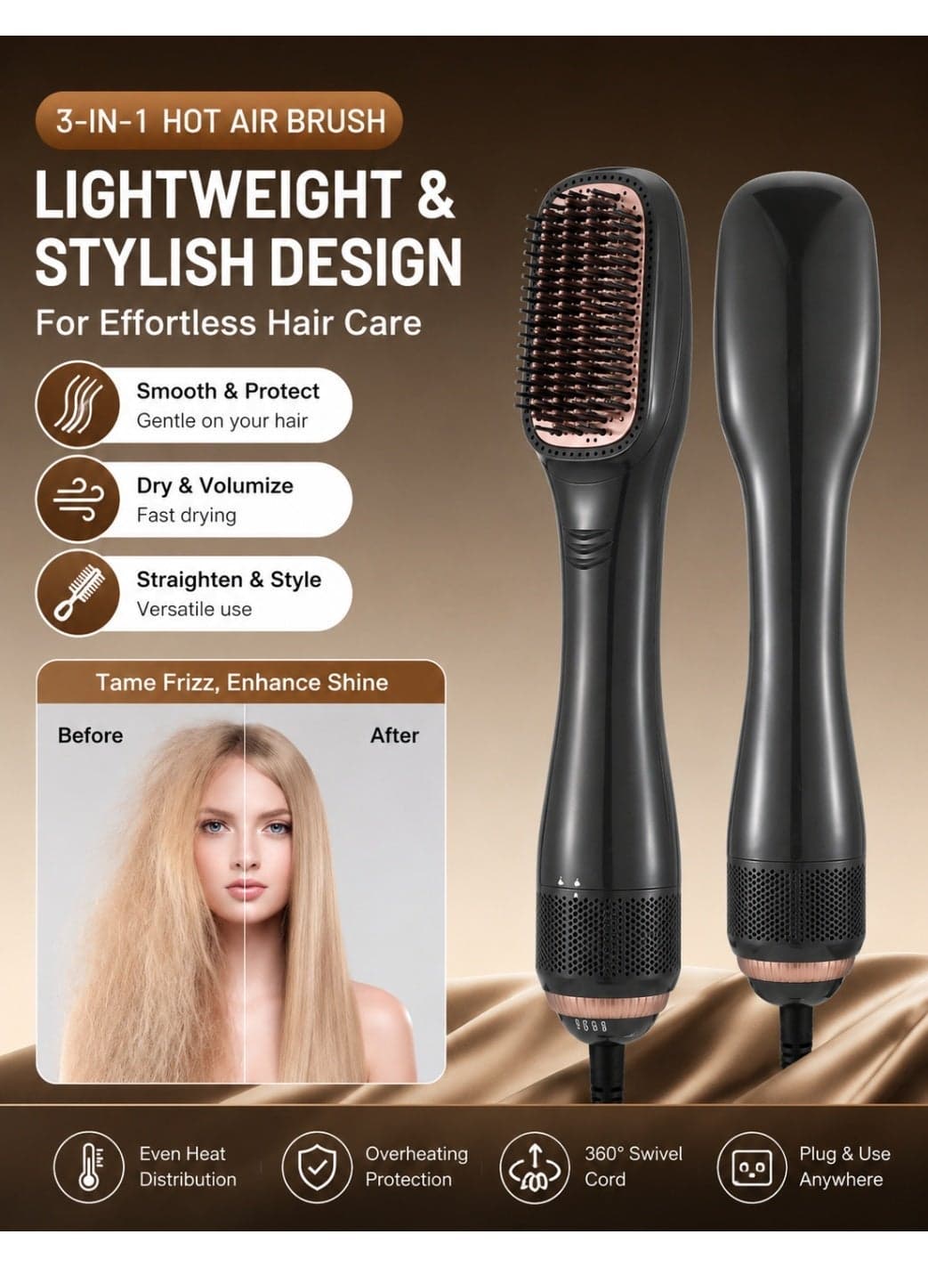 3-in-1 Hair Straightener Brush 1200W Ionic Blow Dryer Brush with PTC Ceramic Heating Fast Drying Hot Air Comb for Wet & Dry Styling Black & Rose Gold