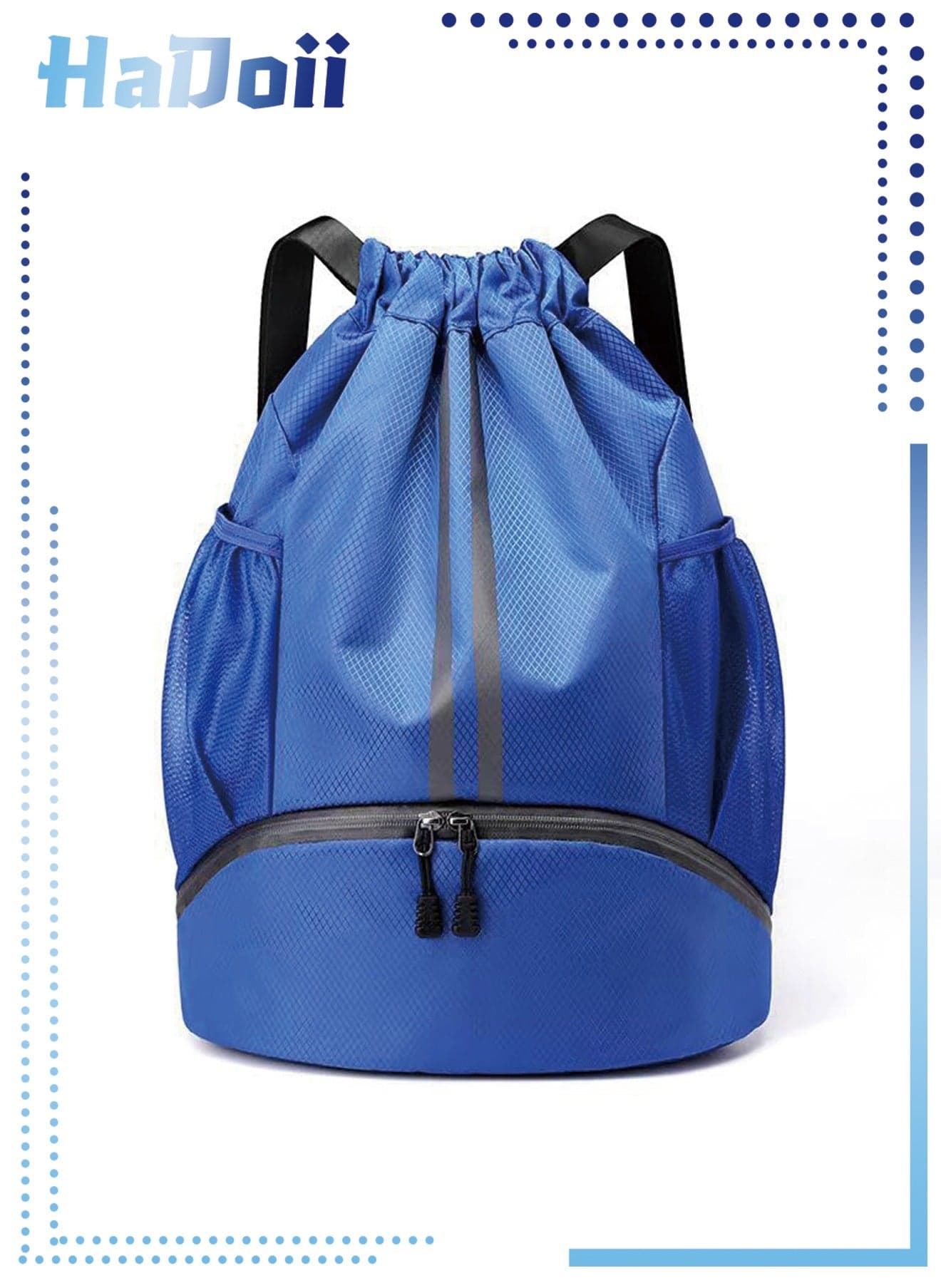Sports Drawstring Gym Bag, Waterproof Drawstring Backpack with Side Mesh Pockets, Sport Bag with Shoes Compartment for Women Men. Blue