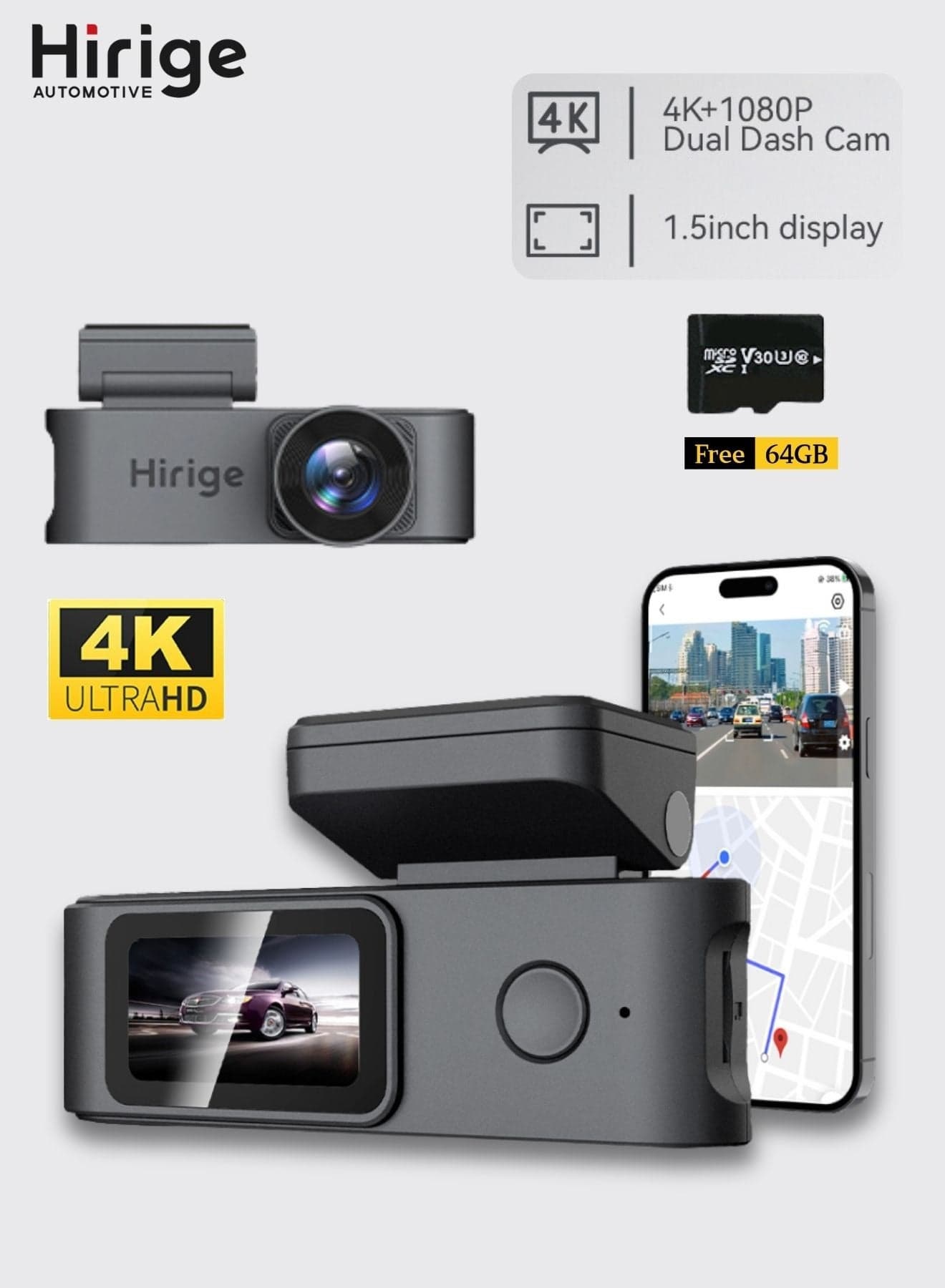 H5 Pro 4K+1080P Dual Dash Cam with WiFi, Night Vision, G-Sensor, Loop Recording, 24H Parking Mode, Free 64GB Card