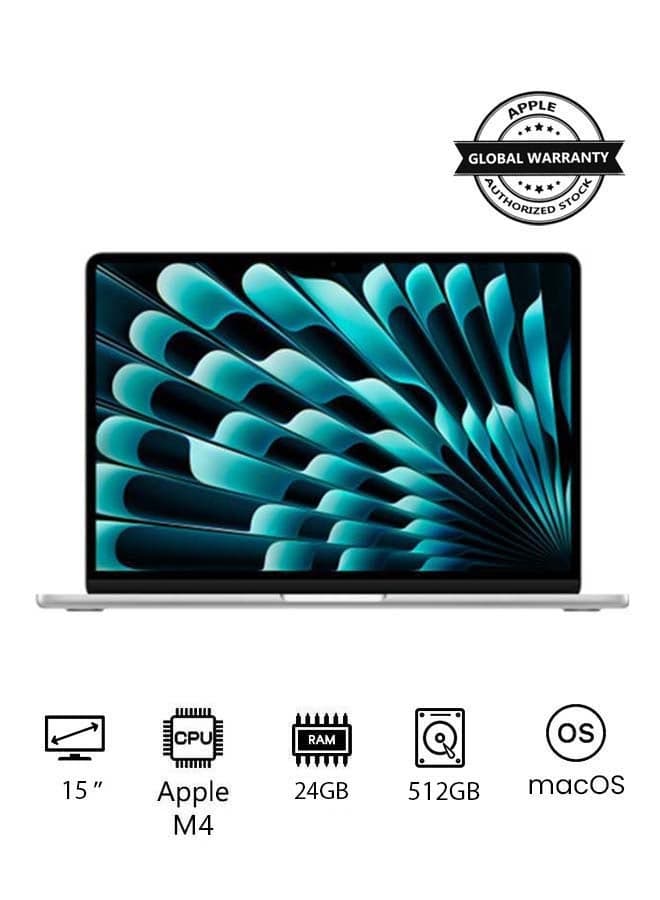 MacBook Air MC6J4 | 15 Inch Display | Apple M4 Chip | 10-Core CPU 10-Core GPU | 24GB RAM | 512GB SSD | macOS | English Keyboard | International Version | Silver