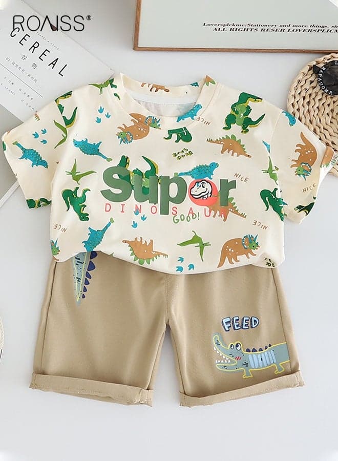 Little Boy T-Shirt and Shorts Set, Stylish 2-Piece Outfit for Toddler Boys, Comfortable Summer Outfit with Dinosaur Pattern Top and Elastic Waist Shorts, Perfect for Daily Wear or Various Occasions