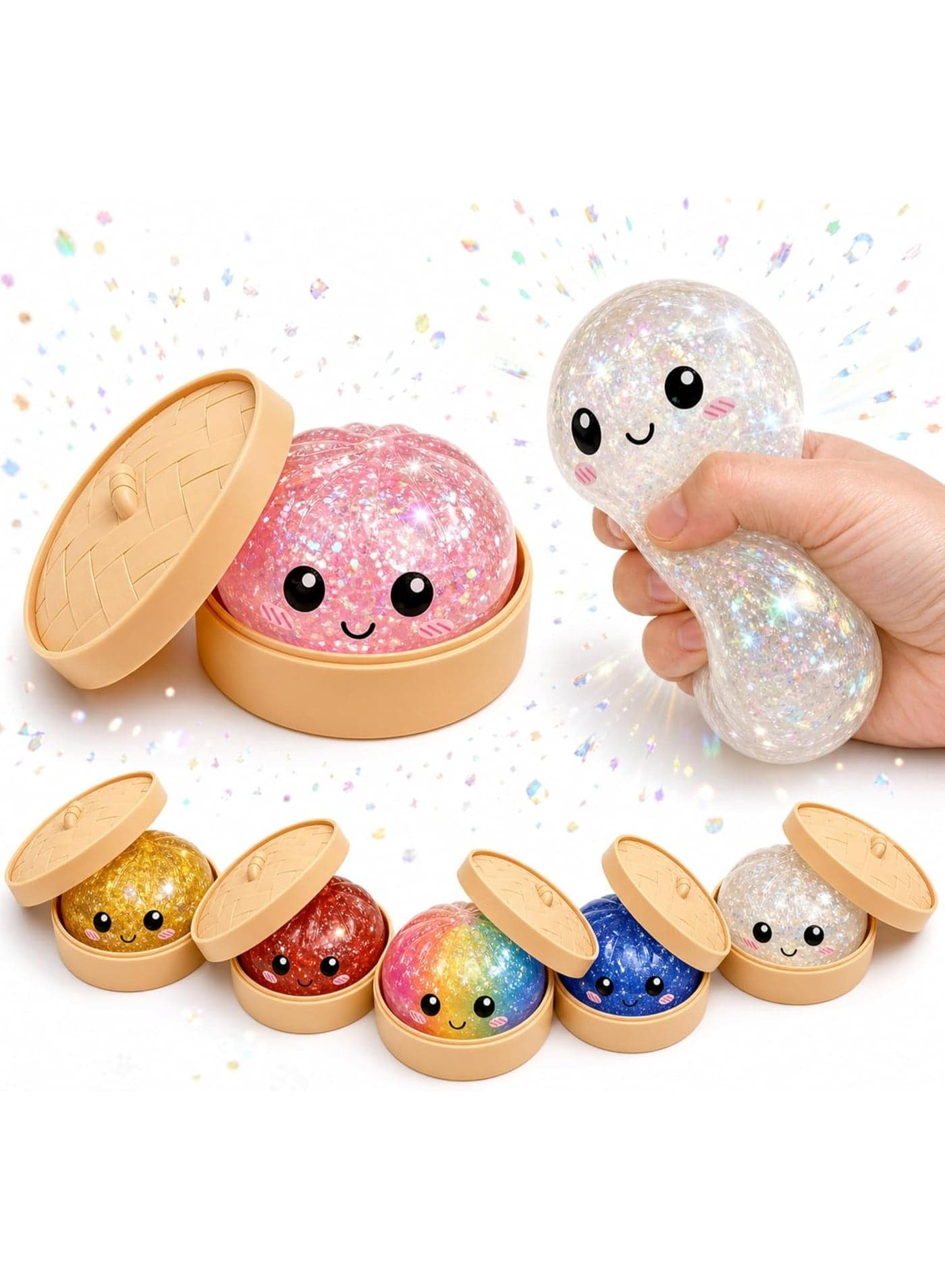 Glitter Dumpling Squishy Stress Ball with Bamboo Steamer Basket, Kawaii Mochi Fidget Toy for Kids Adults, Anti-Anxiety Sensory Squeeze Bao Bun, Random Mystery Color – 2 Pack