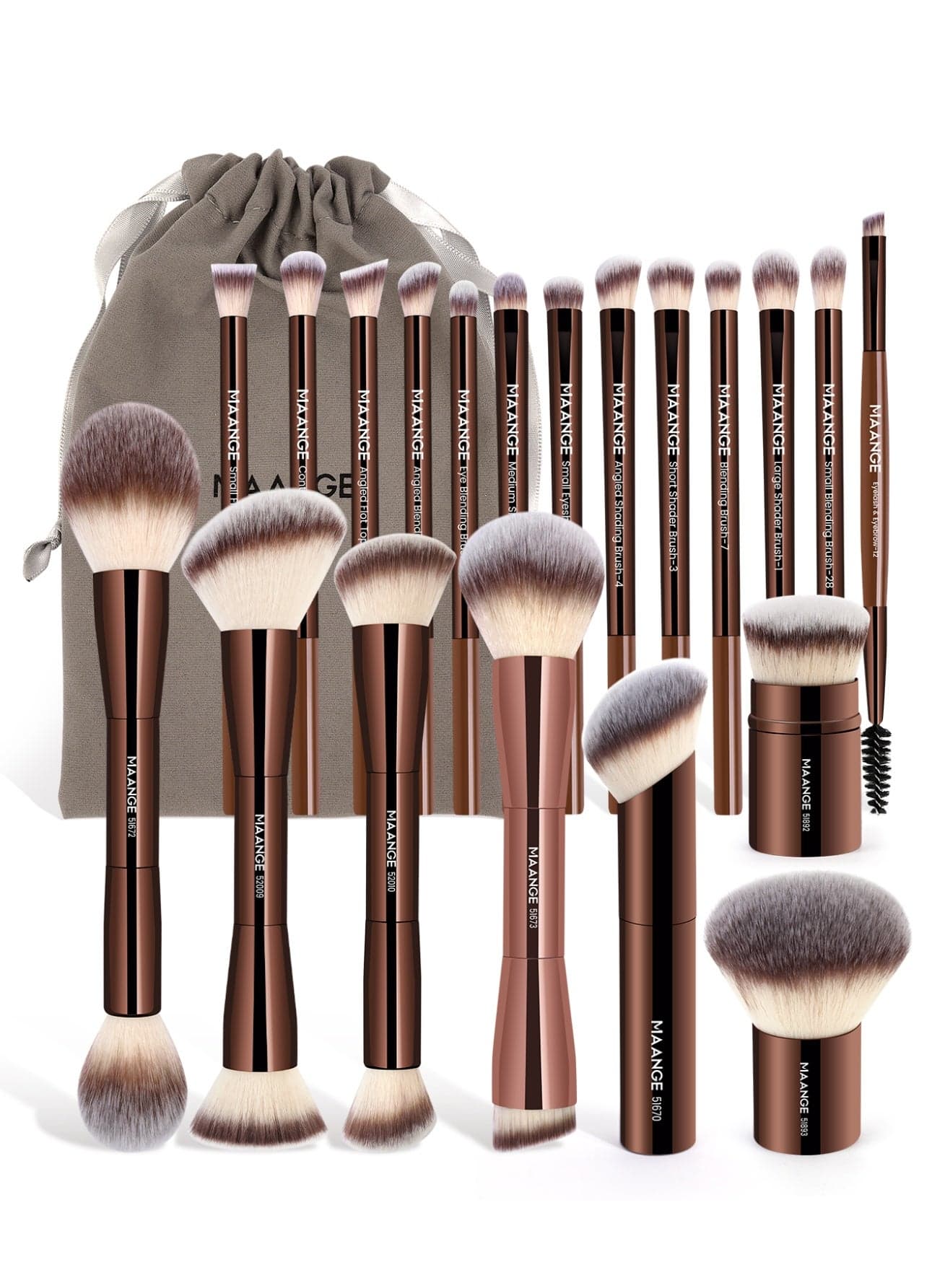 21Pcs Foundation Makeup Brush Set, Double-ended Kabuki Contour Brush for Liquid Powder Concealer Blending Blush Face Makeup Tools (Brown)